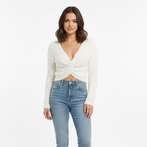 AERIE Women's Ivory White Twist-Front Sweater Soft Stretchy Fuzzy Sweater Medium
